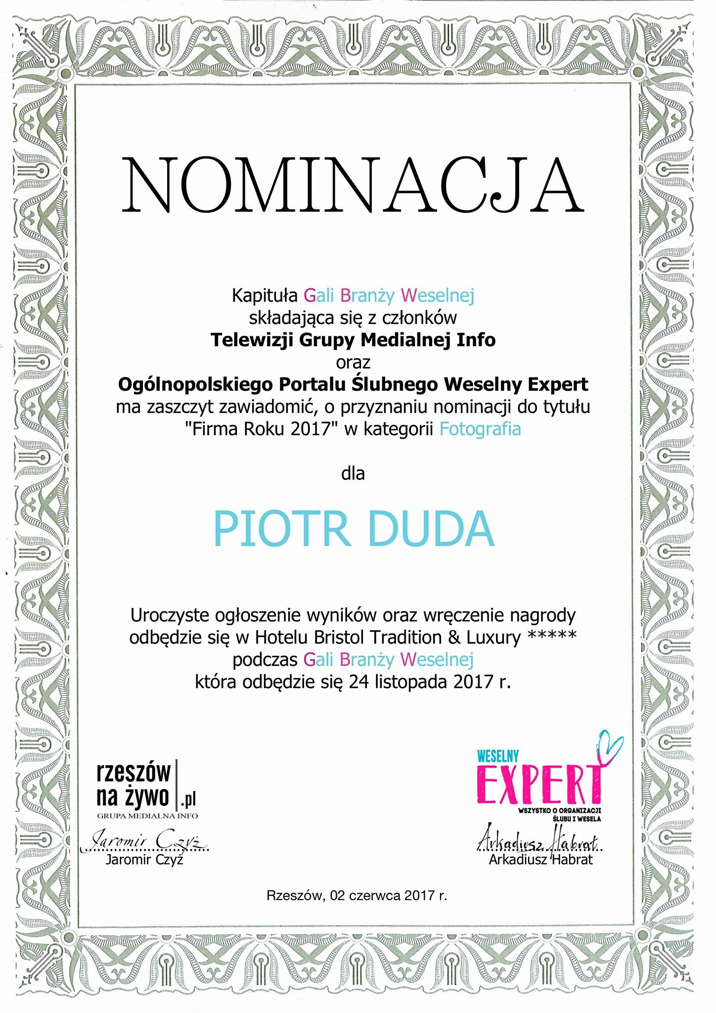 Piotr Duda nominowany do tytułu firma roku 2017 w kategorii fotografia